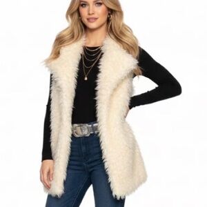 WET SEAL Vest Hooded Plush Faux Fur Open Front Lined White Vest Women’s SZ XL